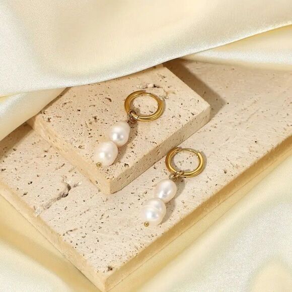 Double Natural Freshwater Pearl Drop Dangle Earrings Bohemian 18K Gold Plated - Picture 6 of 7